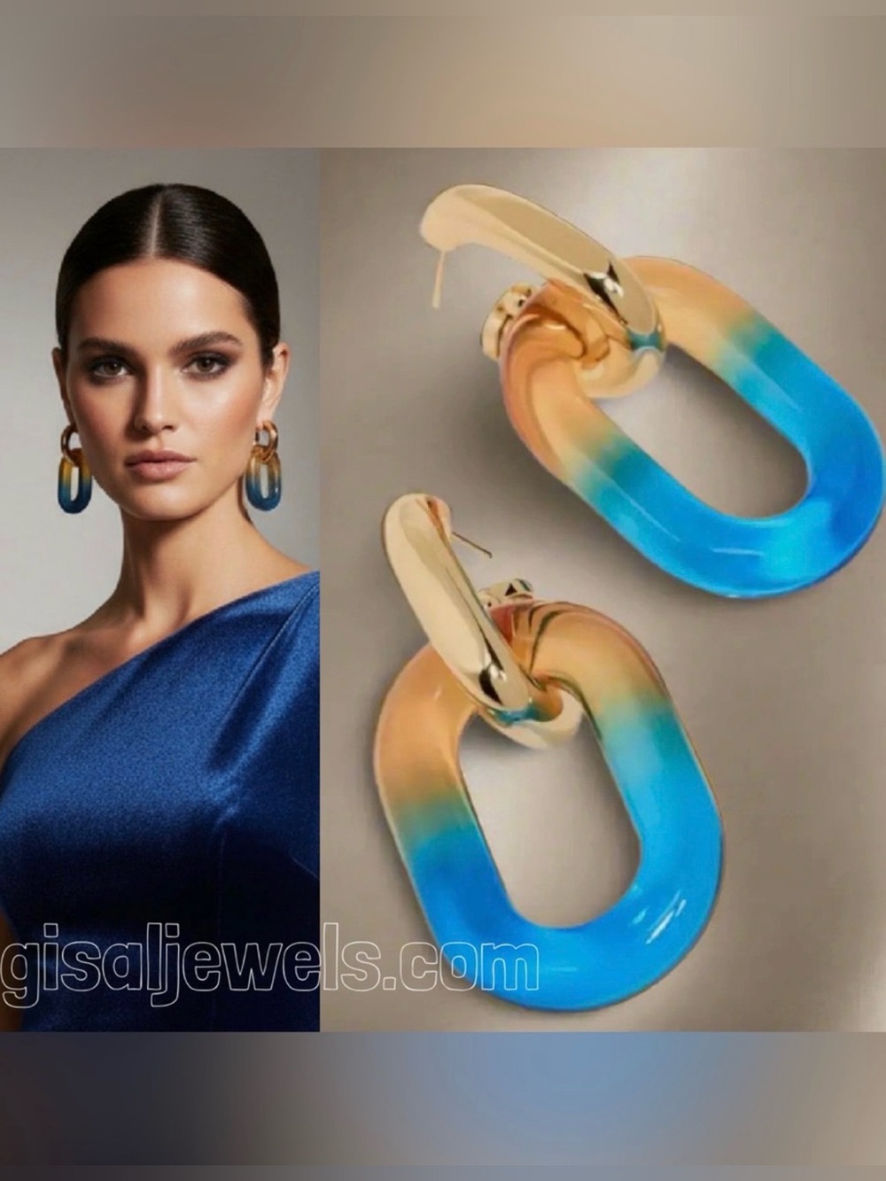 Authentic PACO RABANNE Gold Orange Blue XL Link Double Hoop Earrings NWT
